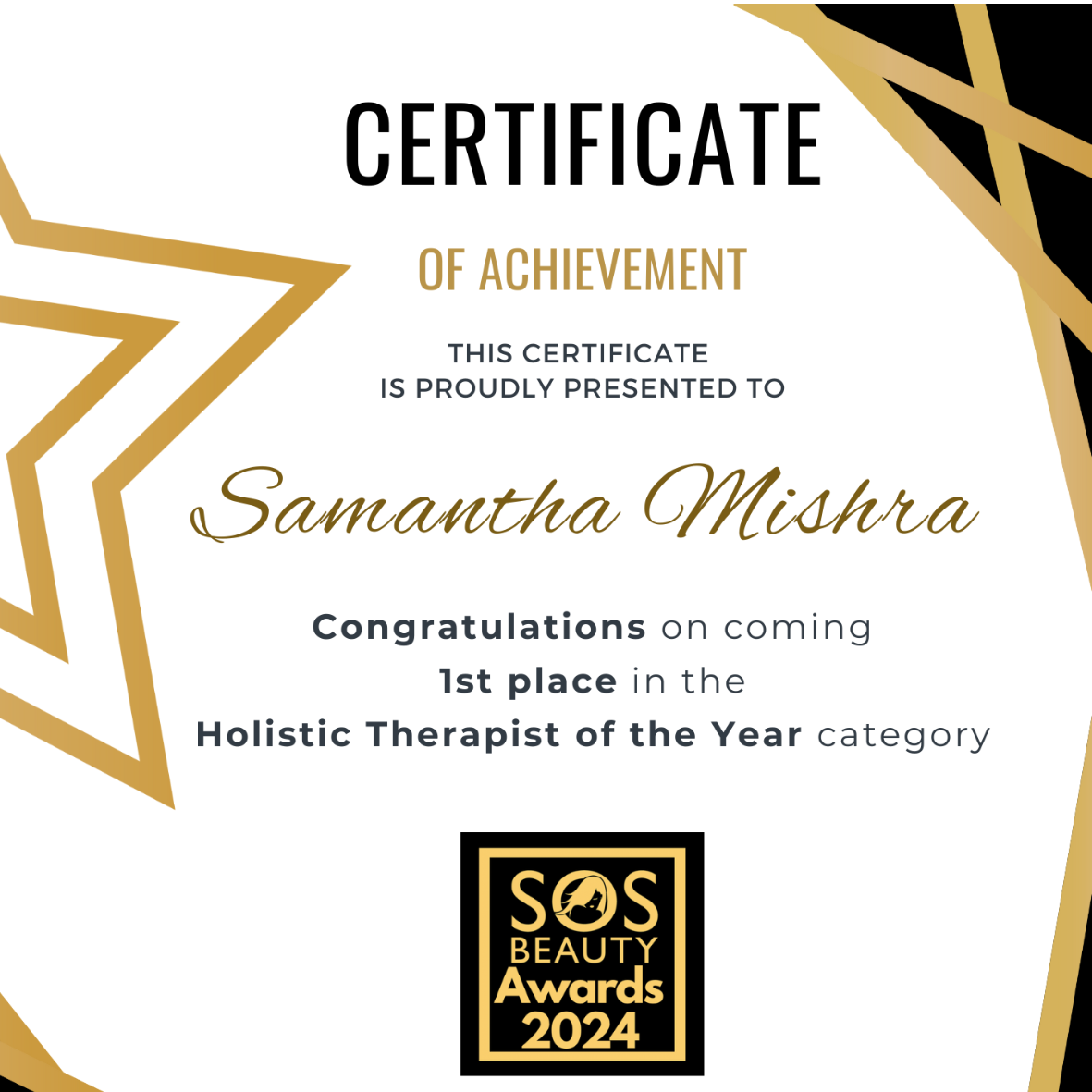 Holistic Therapist of the Year (Winner) - SOS Beauty Awards 2024
